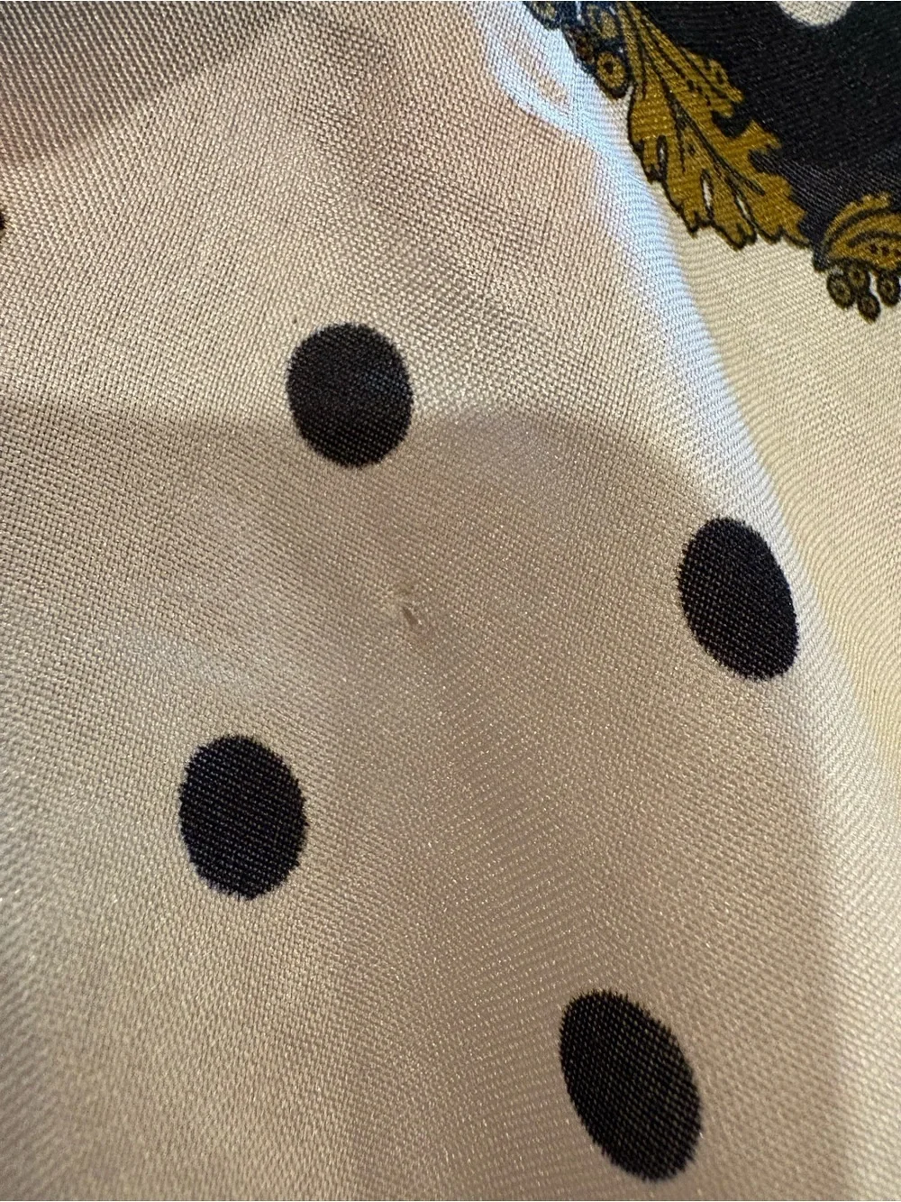 Sarah Coventry Black and Cream Polka Dot Scarf with Gold Leaf Border Vintage